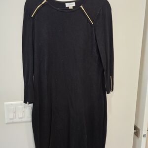 Calvin Klein Black Long Sleeve Knit Dress with Gold Zipper Details